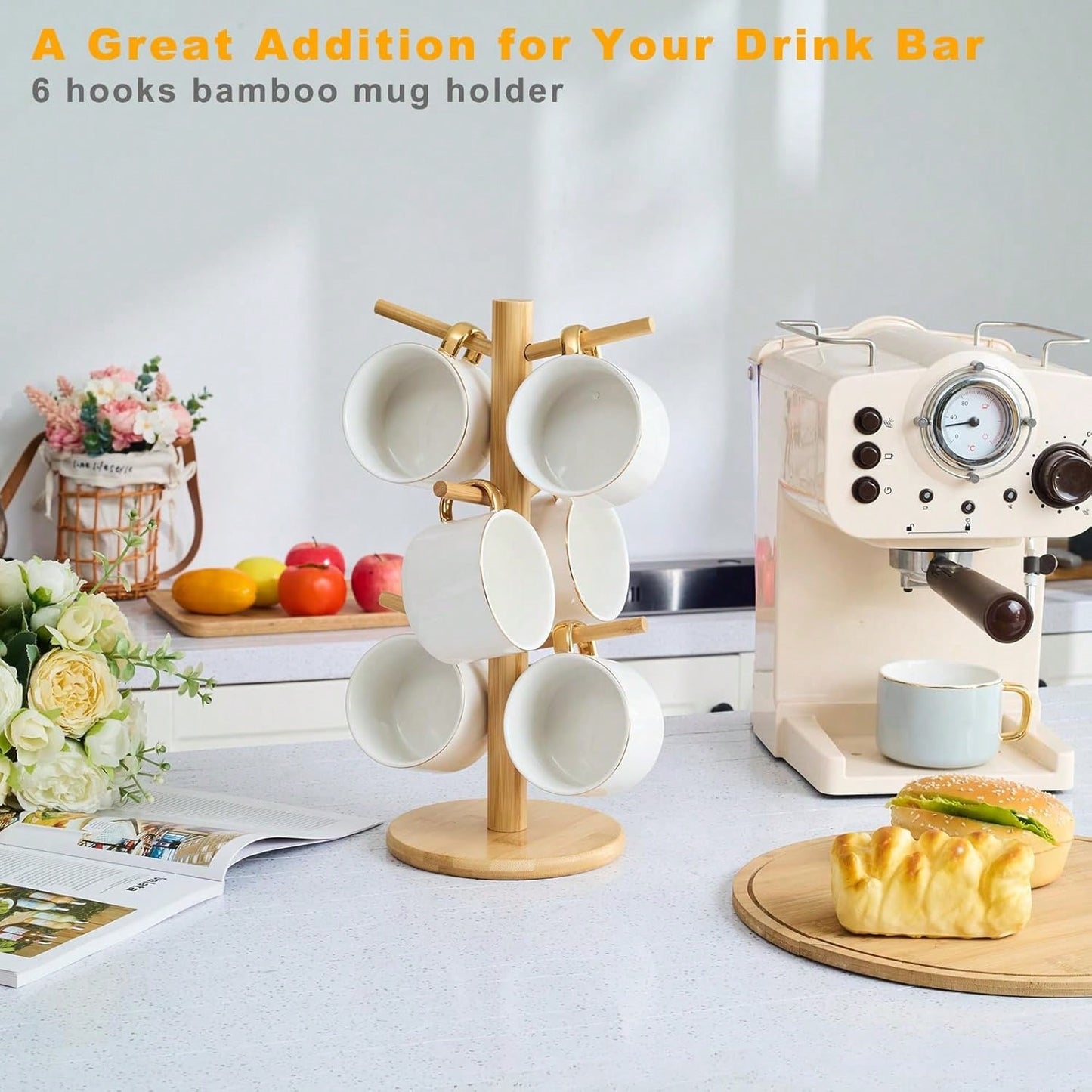 Bamboo Mug Tree With Thicker Base - Countertop Coffee Cup Stand With 6 Hooks