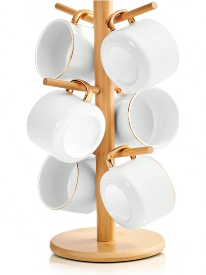 Bamboo Mug Tree With Thicker Base - Countertop Coffee Cup Stand With 6 Hooks