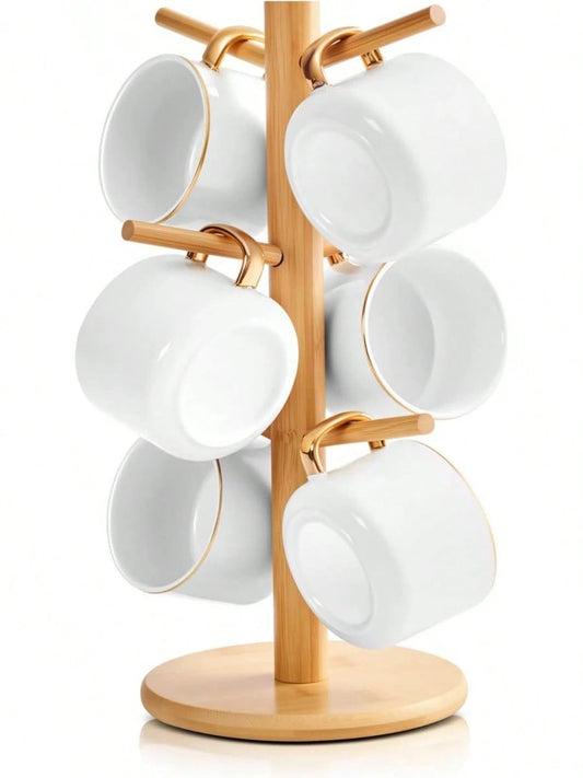 Bamboo Mug Tree With Thicker Base - Countertop Coffee Cup Stand With 6 Hooks