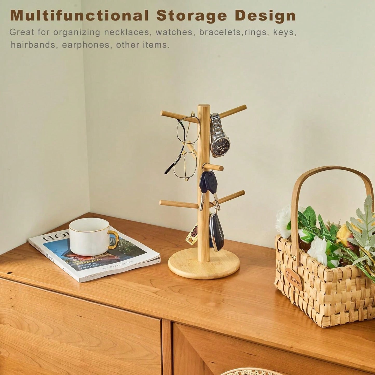 Bamboo Mug Tree With Thicker Base - Countertop Coffee Cup Stand With 6 Hooks