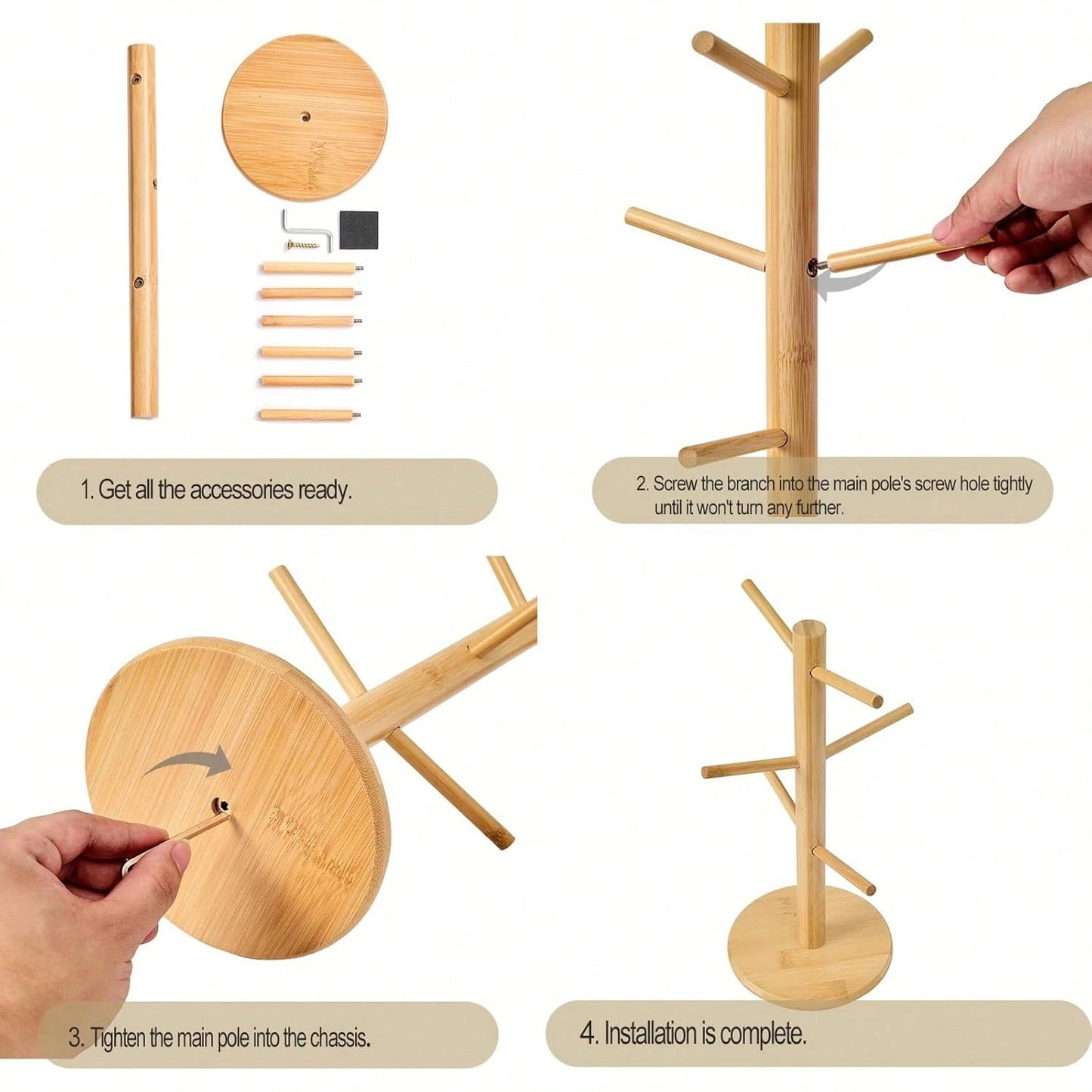 Bamboo Mug Tree With Thicker Base - Countertop Coffee Cup Stand With 6 Hooks