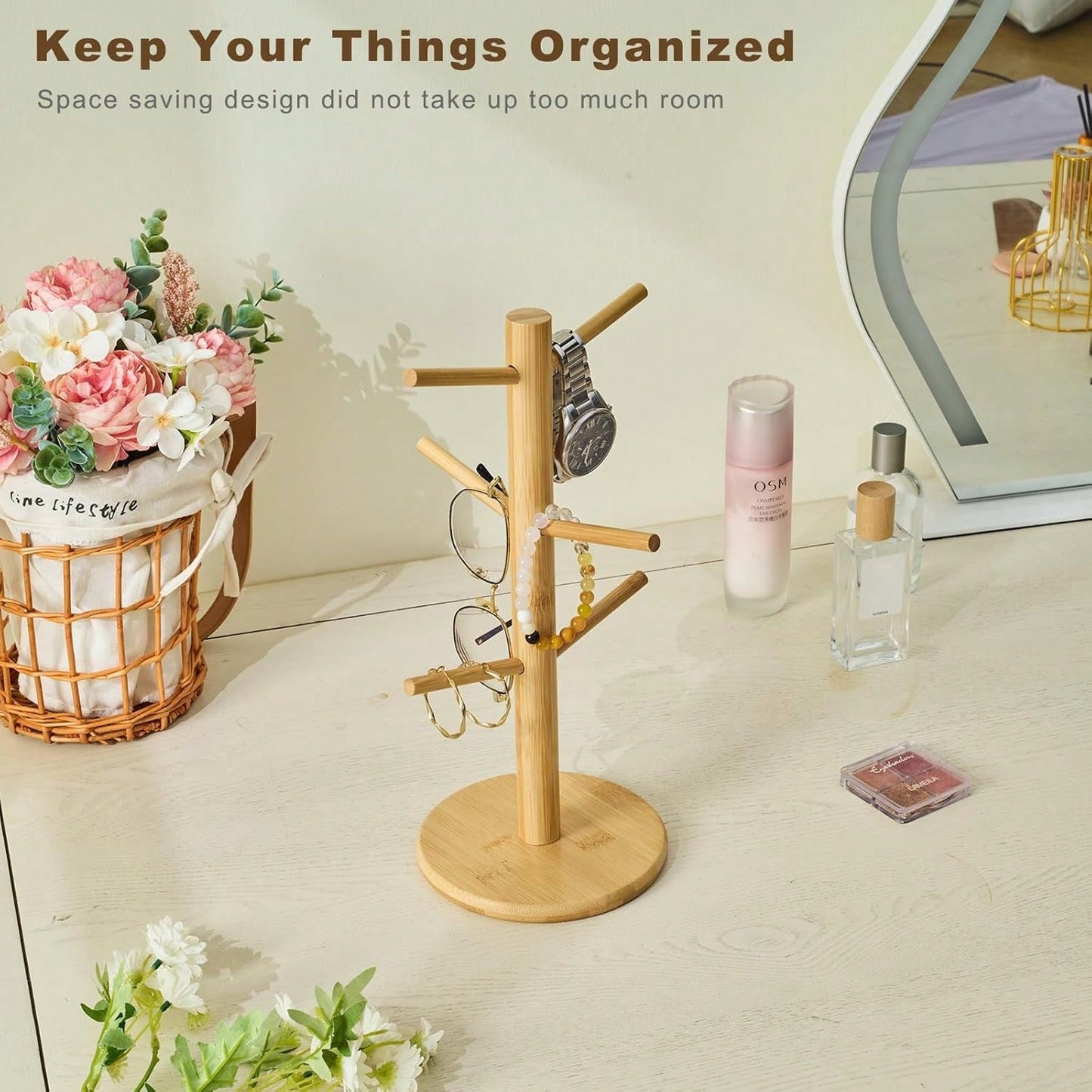 Bamboo Mug Tree With Thicker Base - Countertop Coffee Cup Stand With 6 Hooks