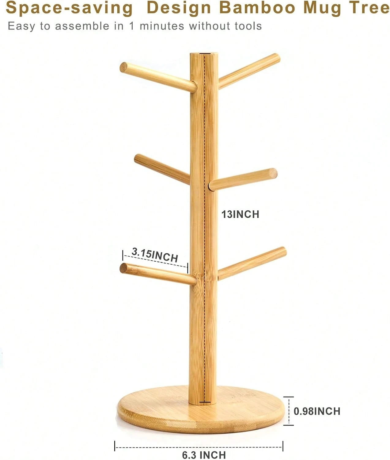 Bamboo Mug Tree With Thicker Base - Countertop Coffee Cup Stand With 6 Hooks