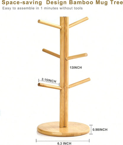 Bamboo Mug Tree With Thicker Base - Countertop Coffee Cup Stand With 6 Hooks