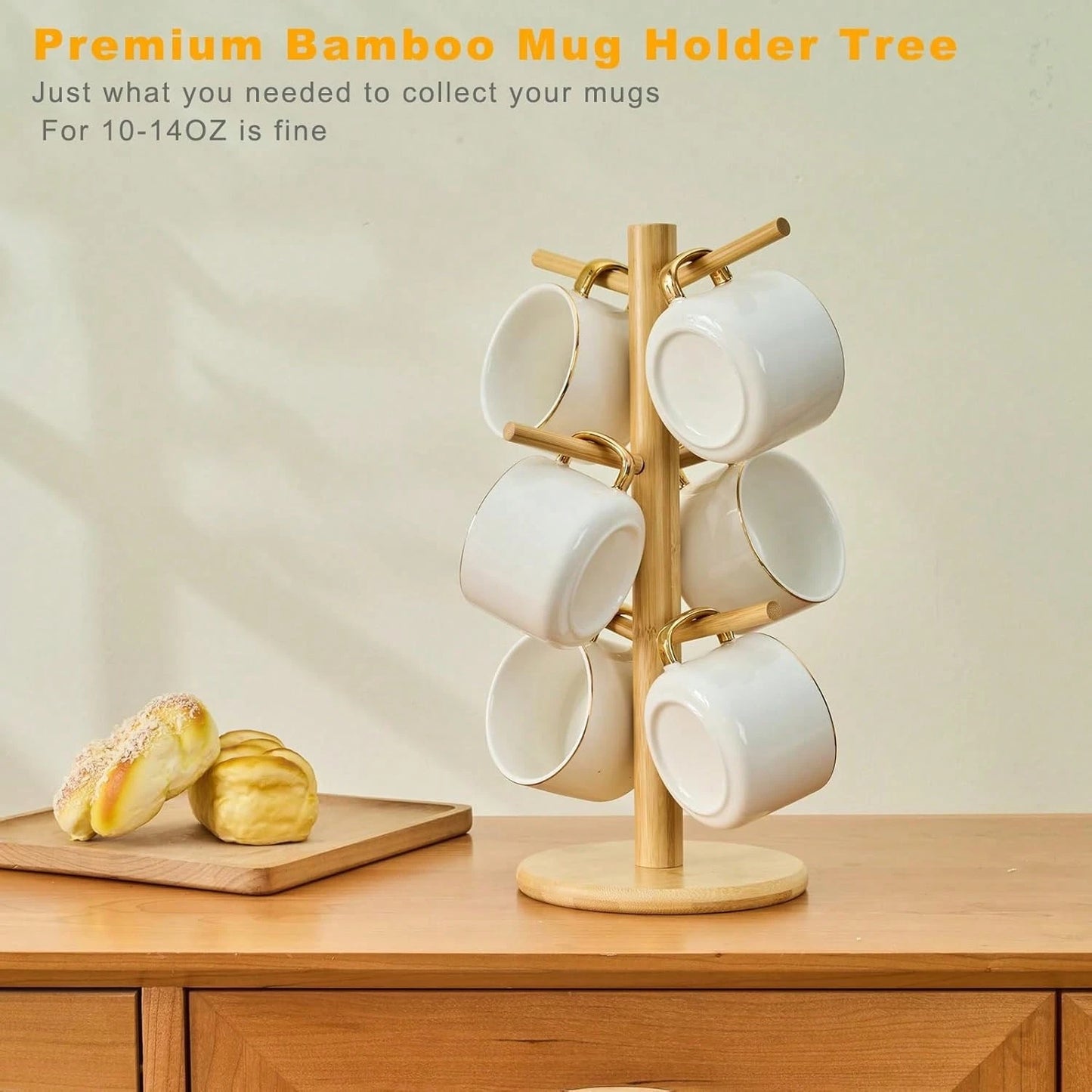 Bamboo Mug Tree With Thicker Base - Countertop Coffee Cup Stand With 6 Hooks